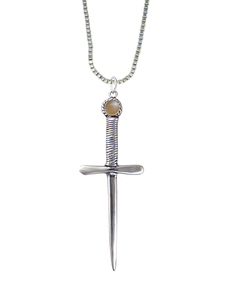 Sterling Silver Queen's Protector Knife Dagger Pendant With Peach Moonstone